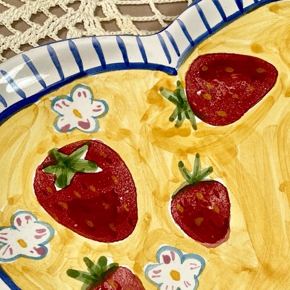 Handmade Hungarian Heart Shape Plate With Stripes And Strawberries Signed - Picture 2 of 11
